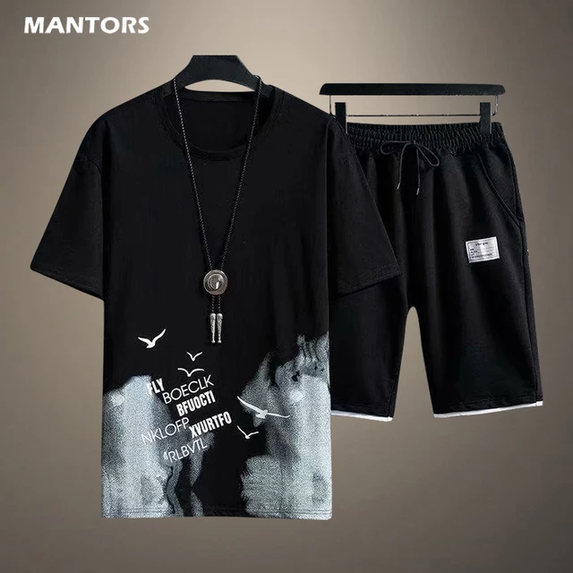 Mens T-shirt + Shorts Set Summer Breathable Casual T shirt Running Set Fashion Harajuku Printed Male Sport Suit 2022 New 1