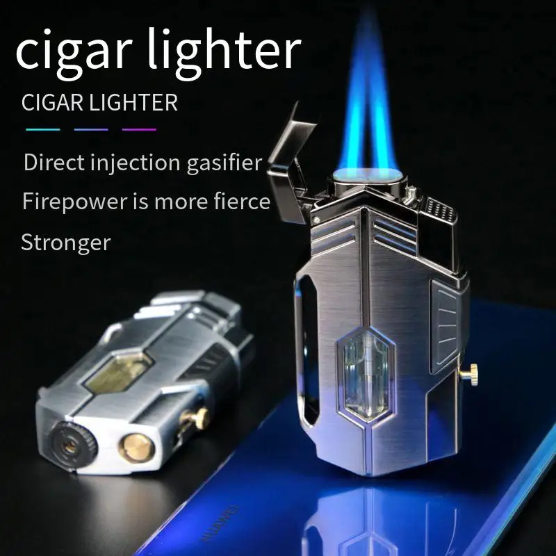 

Men's Cigar Double Fire Direct Charge Lighter Strong Fire Blue Flame Gas Fuel lighter Visible Window Windproof Cigar Lighter