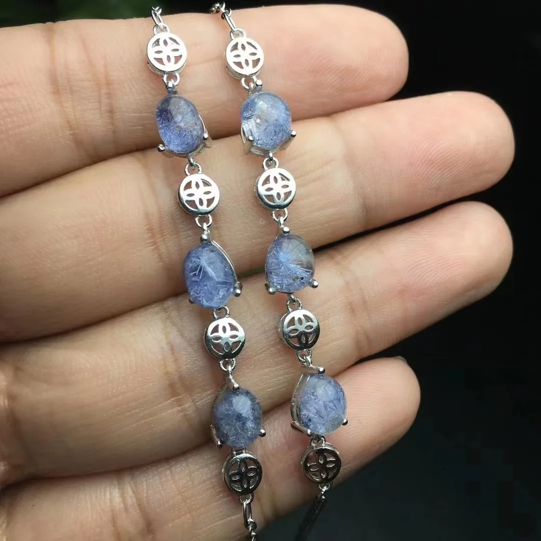 

Special Creative Natural Good Quality Dumortierite Crystal Healing Oval Shape Gemstone With Small 925 Silver Accessory Bracelet