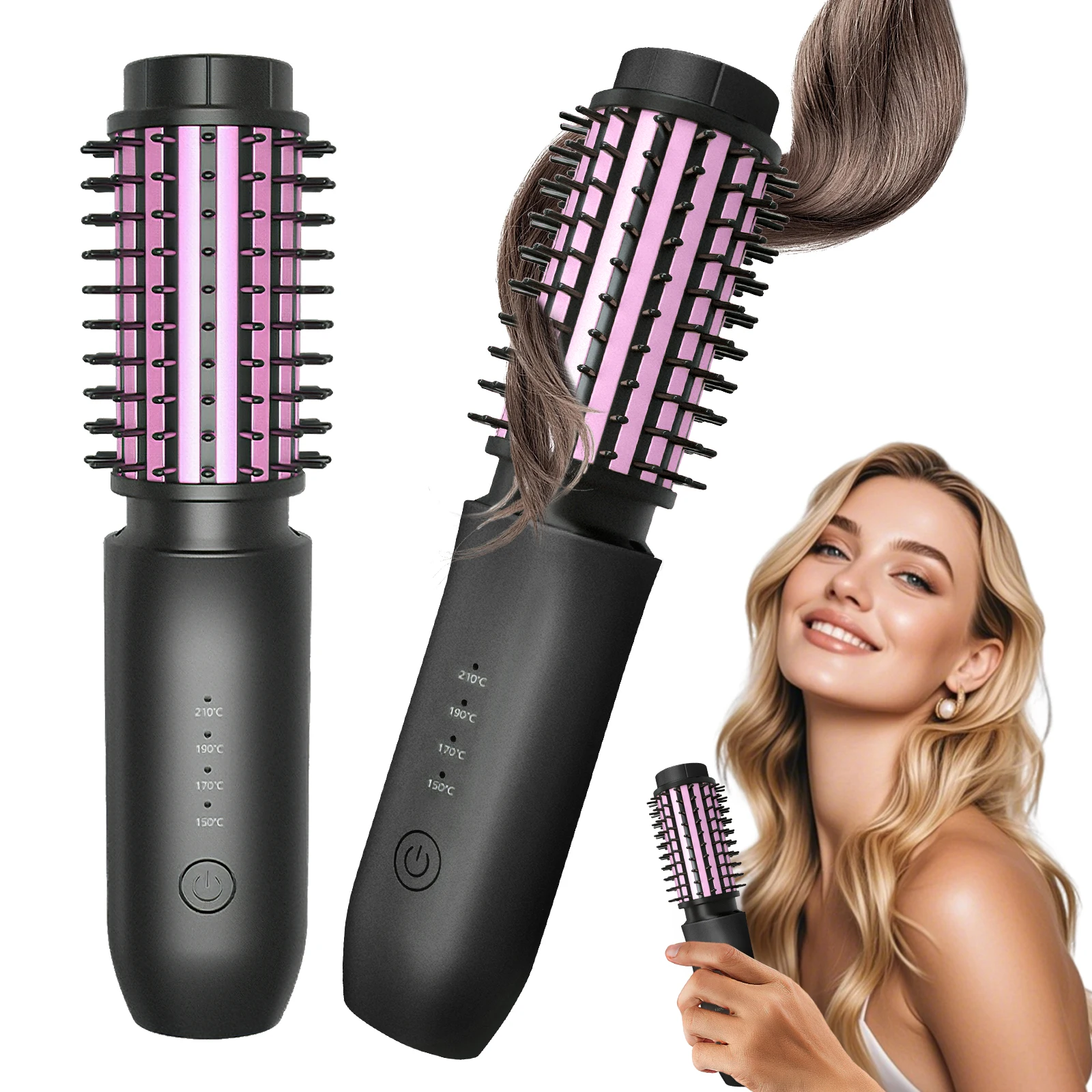 2 In 1 Cordless Hair Curler And Straightener Brush 7000Mah Cordless Curling Iron Brush Portable Travel Curling Iron Mini