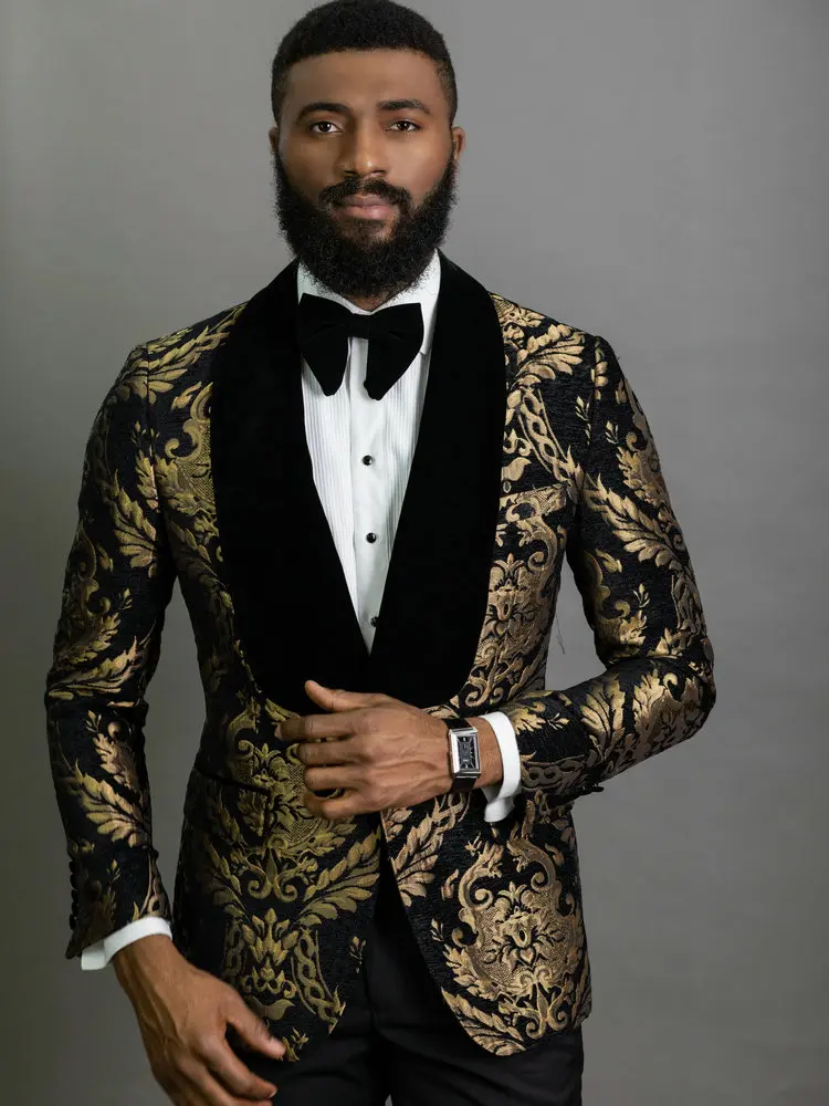 New Elegant Costume Homme Shawl Lapel Black Jacquard Dinner Party Groom Wear Men Wedding Suits For Men Prom Tuxedo Blazer