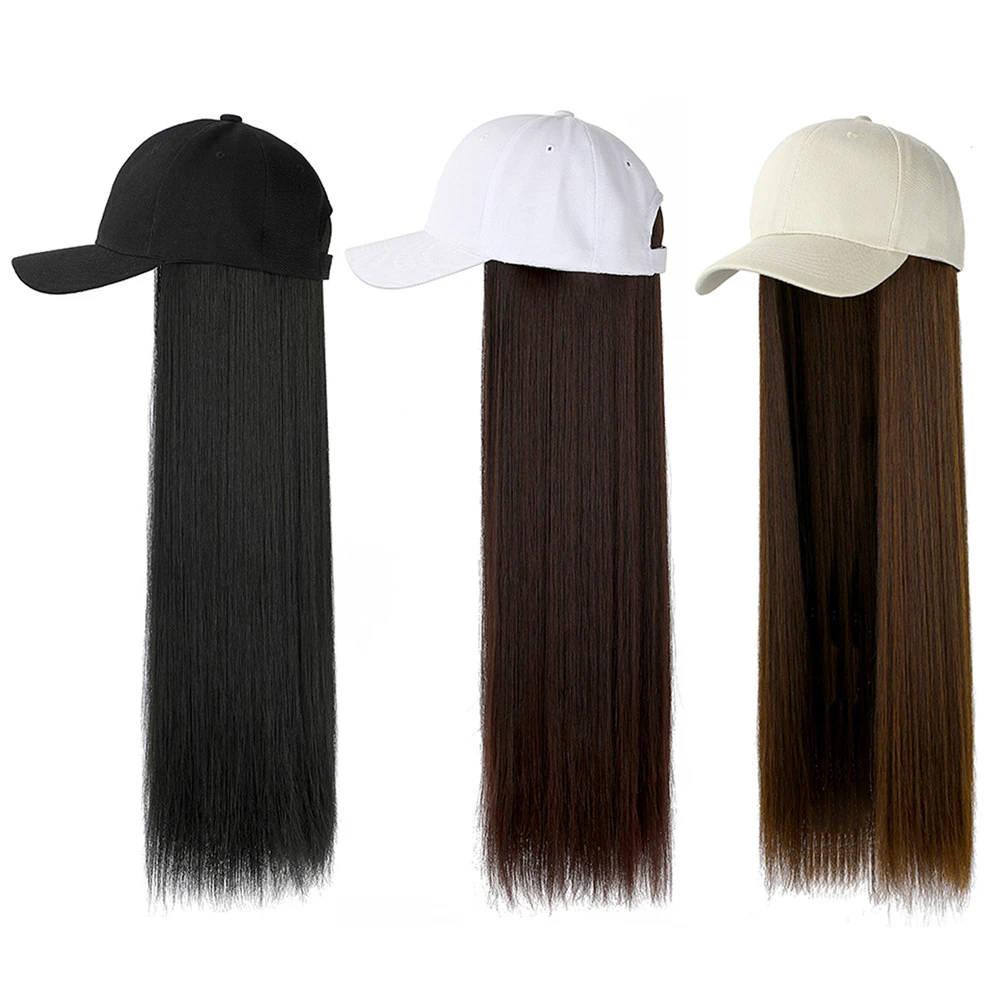 Women's Baseball Caps Meetlife Baseball Cap With Long Extension Wig Synthetic Hair Long Straight Hair Travel Beach Baseball Hat 60cm cute baseball caps for women