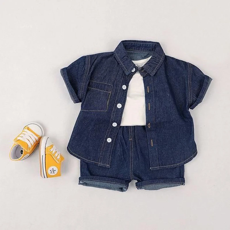 baby clothing set red	 Boys and girls short-sleeved denim shirts cardigan tops children's suits summer baby girl shorts suits fashion two-piece suit baby clothes in sets	