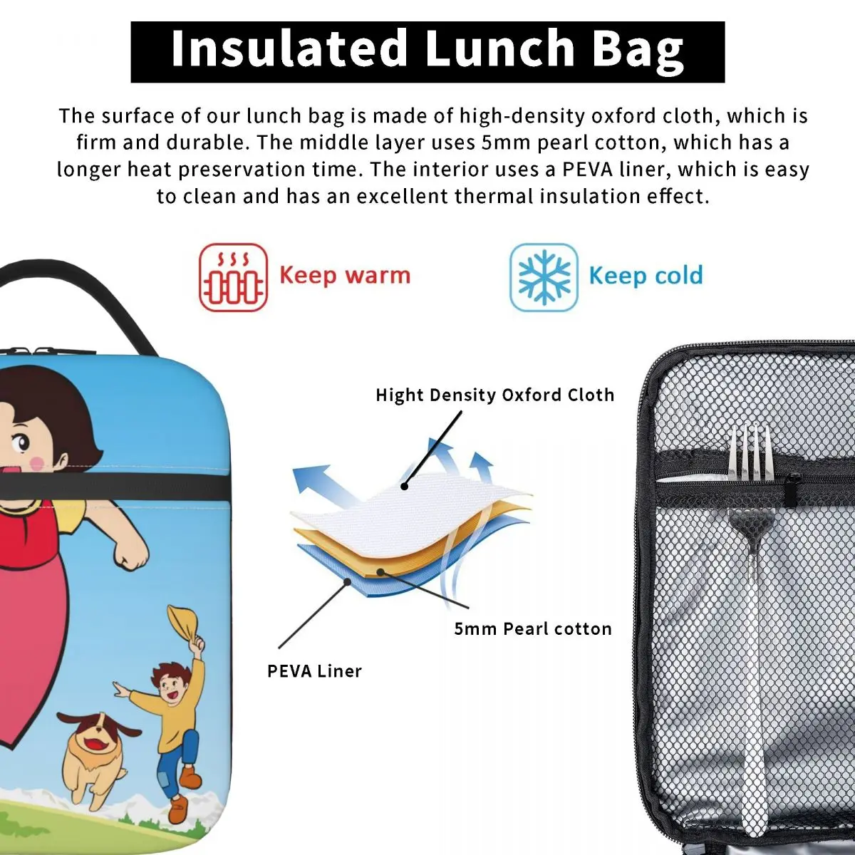 Happy Heidi With Peter Portable Lunch Box Leakproof Cartoon Alps Mountain Cooler Thermal Food Insulated Lunch Bag Office Work