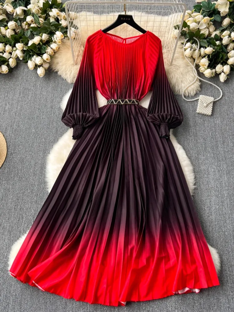 

Harajpee Elegant Dress Women 2024 New Design Feeling Slim Graceful Gradient Color Pleated Dresses Goddess Gentle Chic Vestido