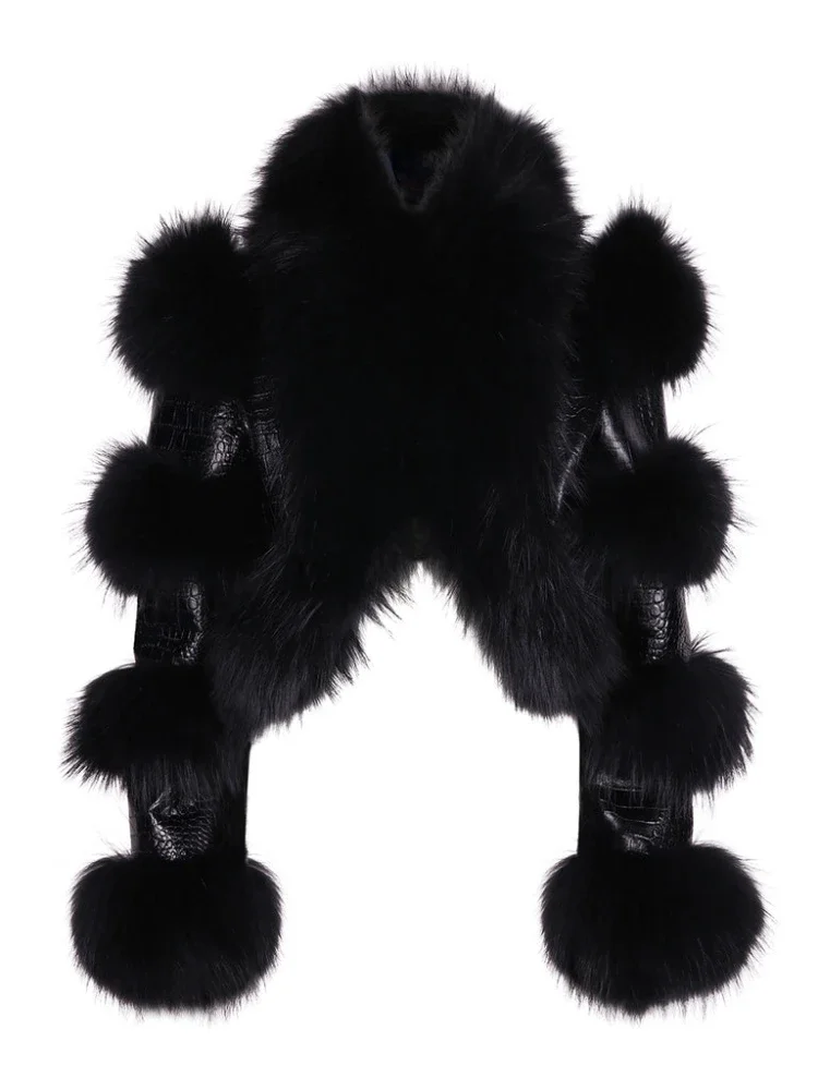 RR2775 Plus Size Faux Fox Fur Winter Jackets Women Fake Leather Short  Cropped Jackets Ladies Cotton Lining Fake Fur Trim Leather