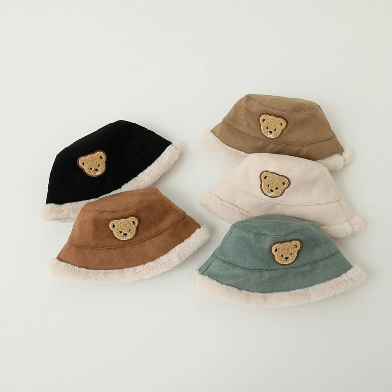 

Toddler Boys Girls Basin Cap Bear Baby Plush Bucket Hat Windproof Lambswool Fisherman Cap Headwear for Warmth