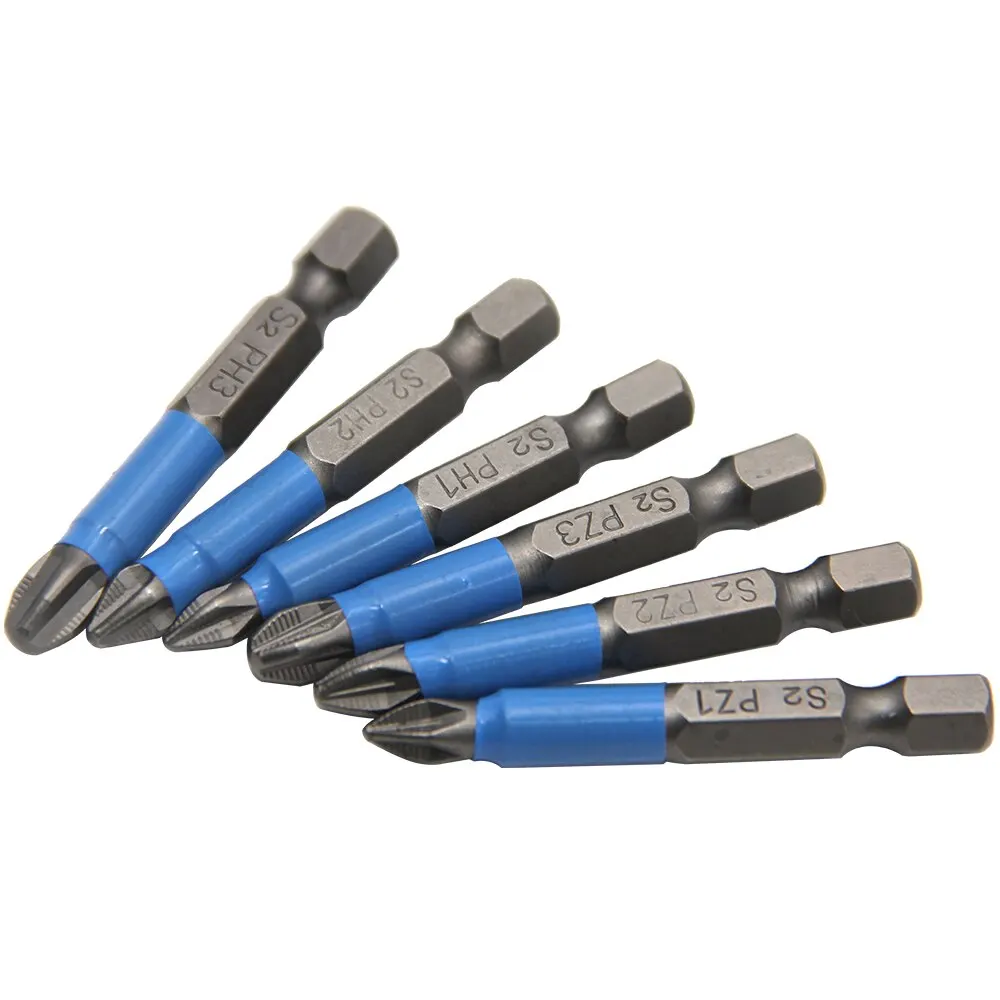 50mm 6pcs 육각형 핸들 미끄럼 방지 전기 스크루 드라이버 목공 크로스 스크루 드라이버 도구 세트 PH1 PH2 PH3 PZ1 PZ2 PZ3