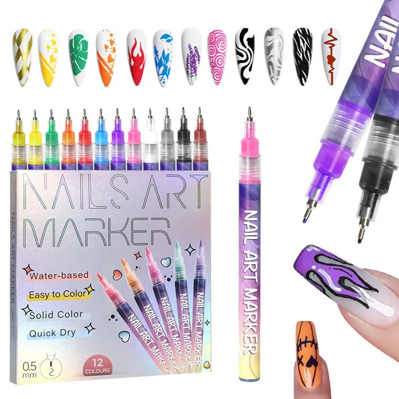 Box of Nail Art Drawing Graffiti Pen Gel Pencil 0.5mm Waterproof Painting Liner Brush Quick-dry Nail Marker DIY Manicure nail art pen 12pcs