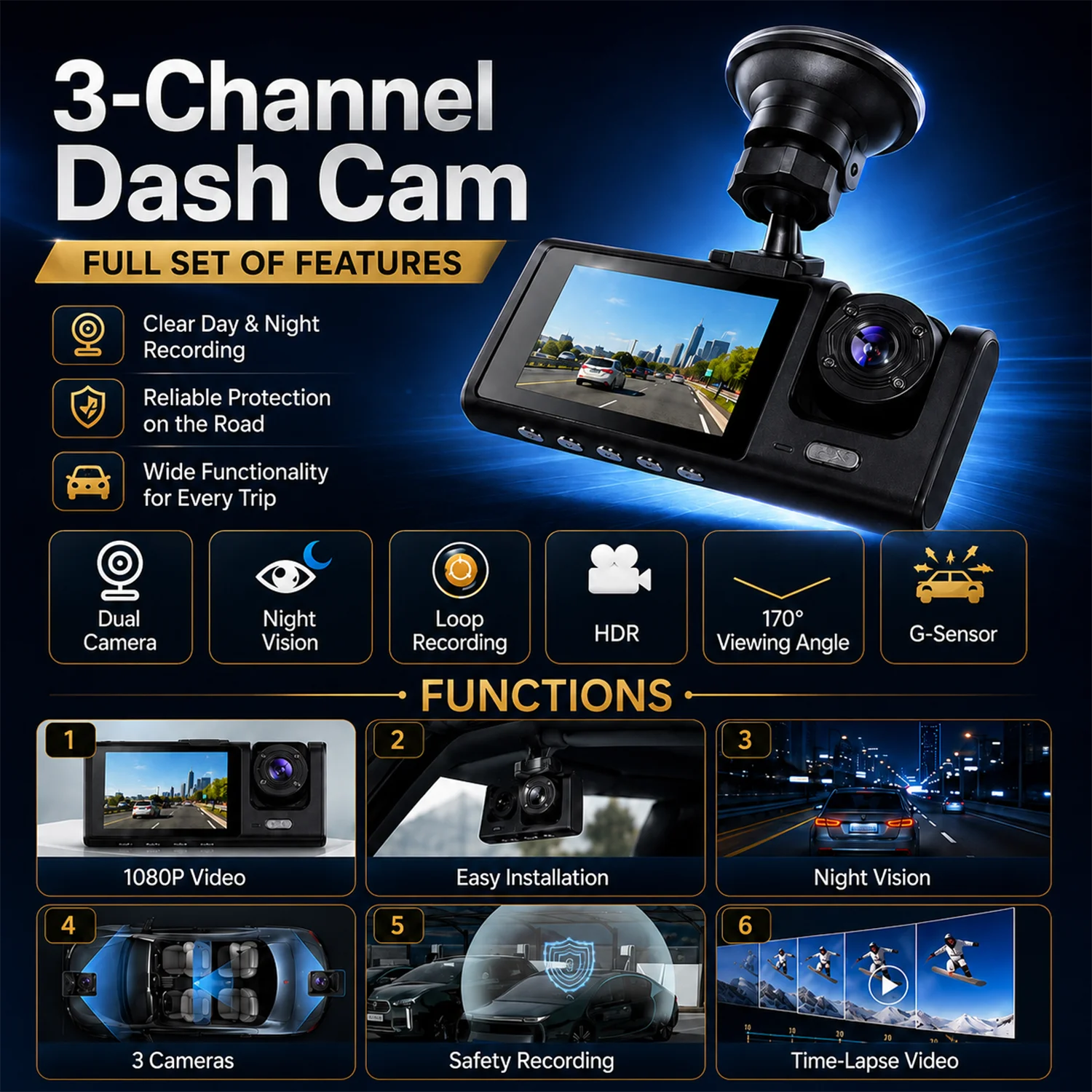 Dash Cam a 3 Canali 1080P con Telecamere Anteriore, Posteriore e Interna, Angolo di Visione 170°, Visione Notturna, Registrazione in Loop, Sensore G, Telecamera Posteriore per Auto DVR - immagine 2