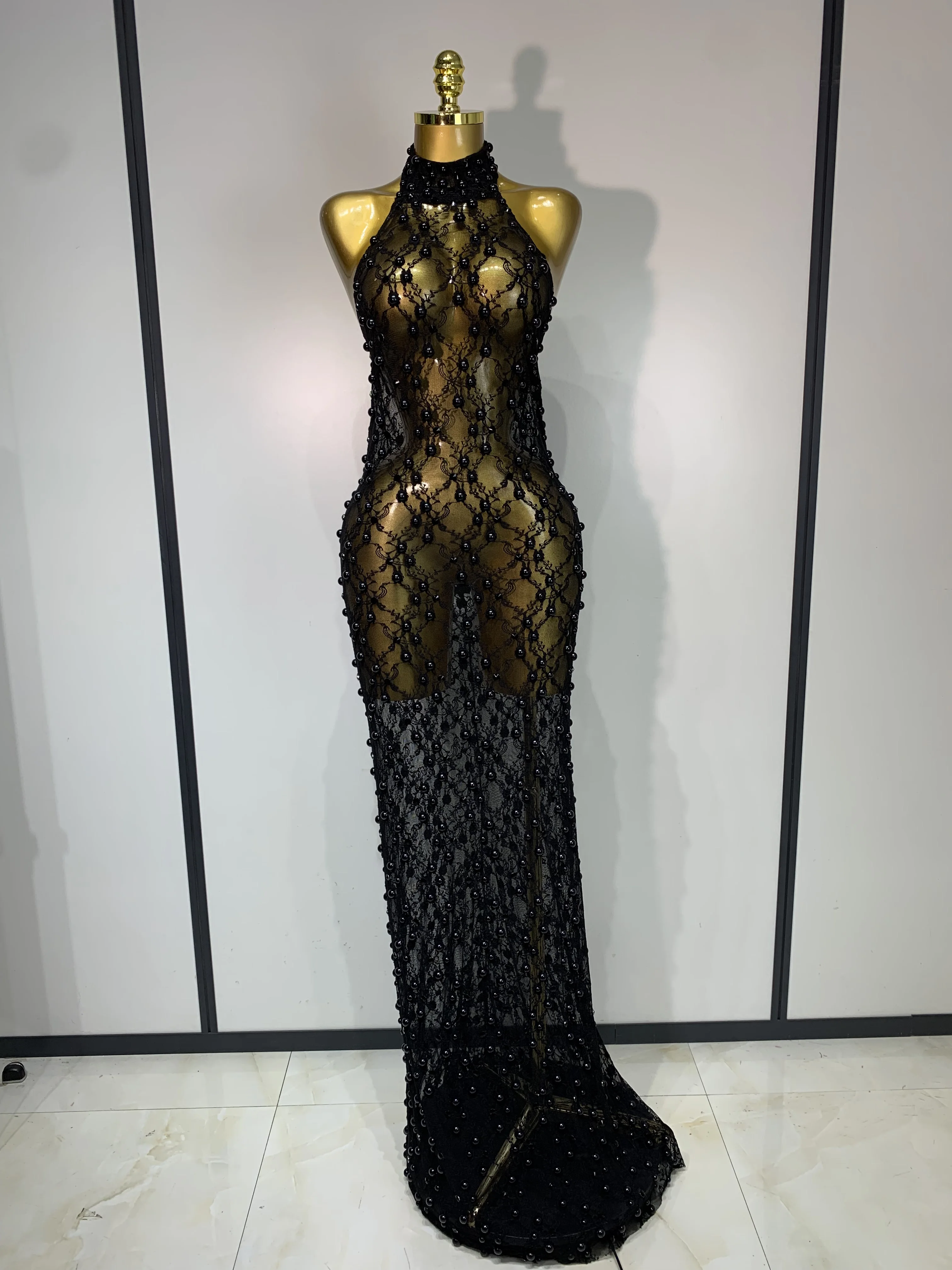 Women Luxury Black Pearls Lace Backless See Through Long Dress With Gloves Evening Club Party Celebrity Elegant Stage Costume