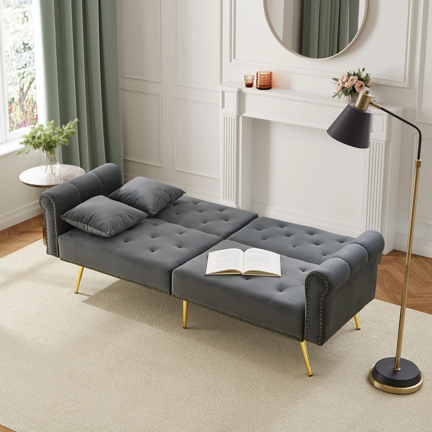KOMHTOM 2 Sitzer Schlafsofa Mit Samtbezug Rückenlehne 3 Stufiger Verstellung Und Vergoldeten Metallfüßen Sofa Mit Schlaffunktion – Detail 4