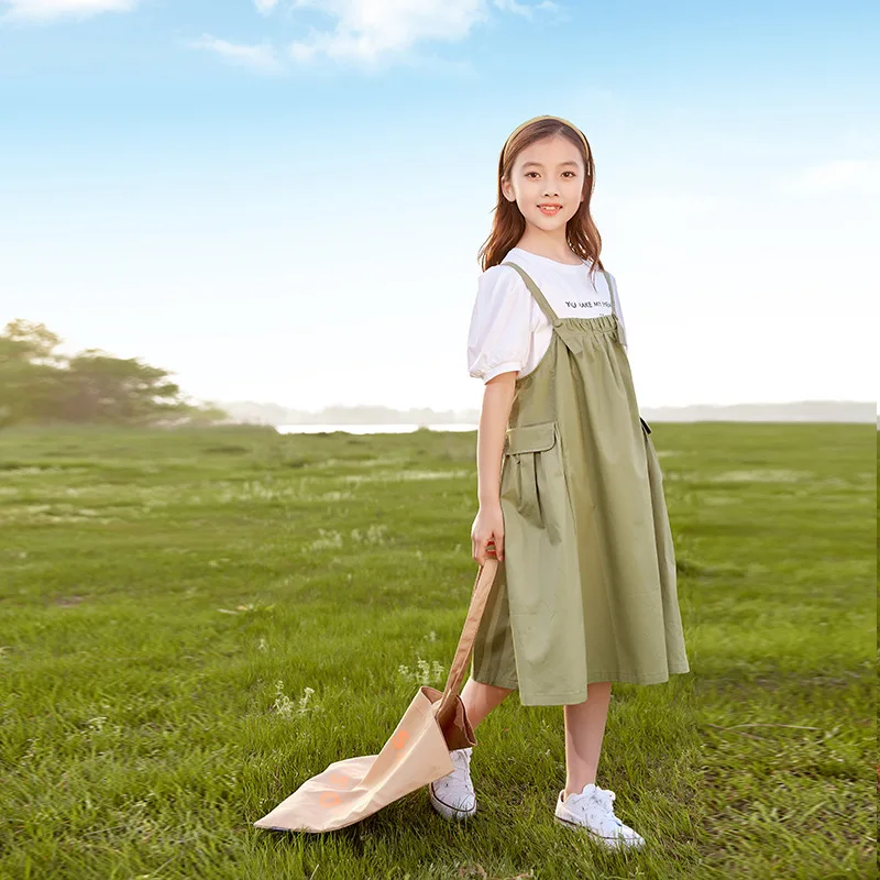 

2024 Korean Summer Teenager Girl 2PCS Clothes Set Children Girl Bubble Sleeve T-shirt+Suspender Skirt Set For Girls 4-15Yrs