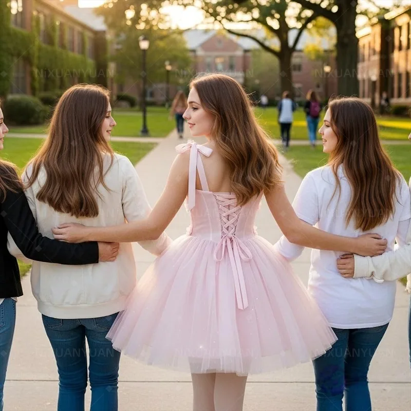 Short Homecoming Dresses Pleated Tulle Off Shoulder Prom Dresses for Quince Glitter Flower Bow Strap Cocktail Dress Customized - 4