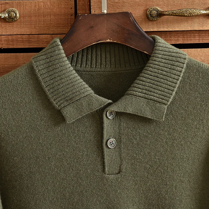 New 100% pure cashmere sweater men's thick lapel business casual button pullover warm sweater solid color senior British style