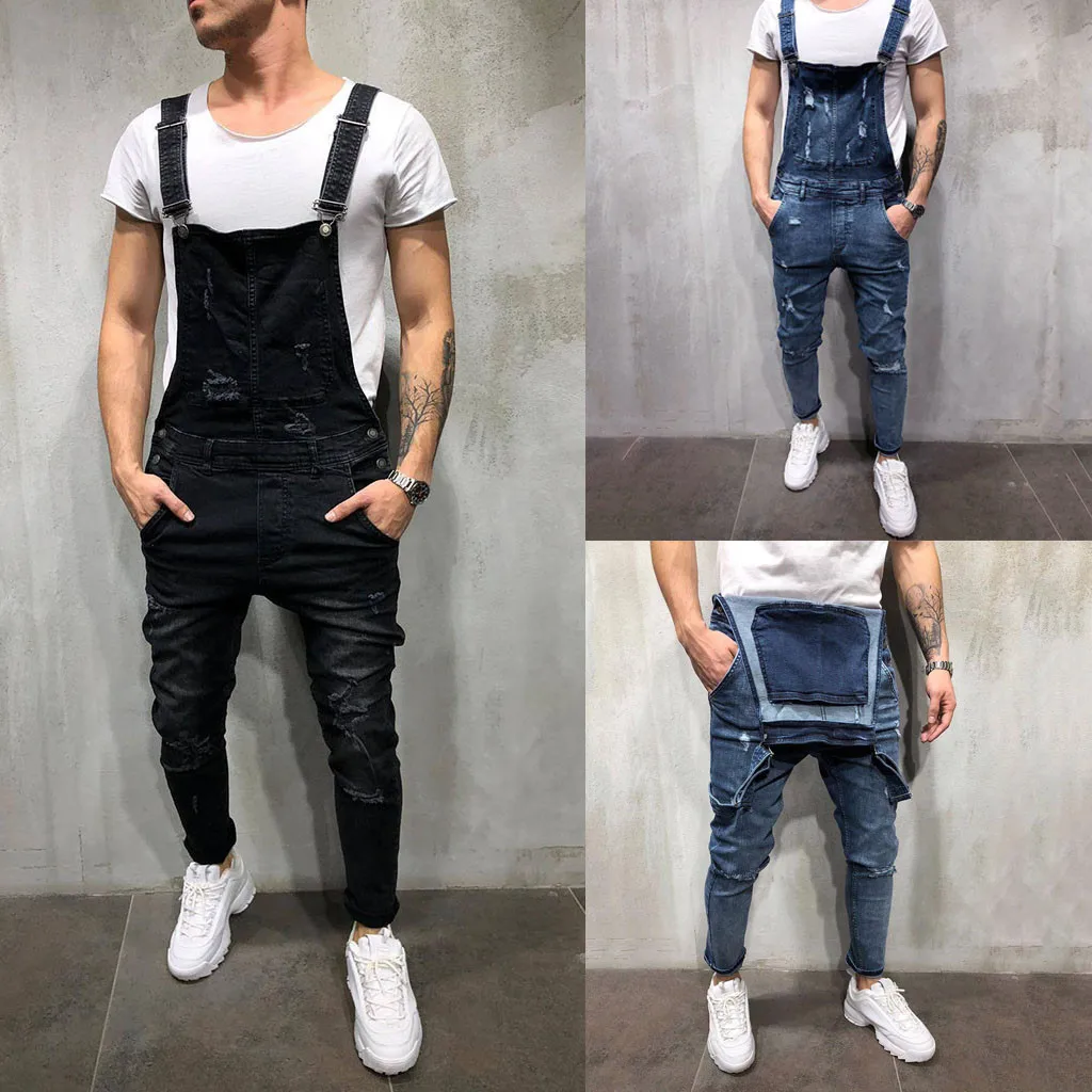 Casual Pants Jeans Broken Overall Trousers Pocket Jumpsuit Wash Suspender Men's Men's pants