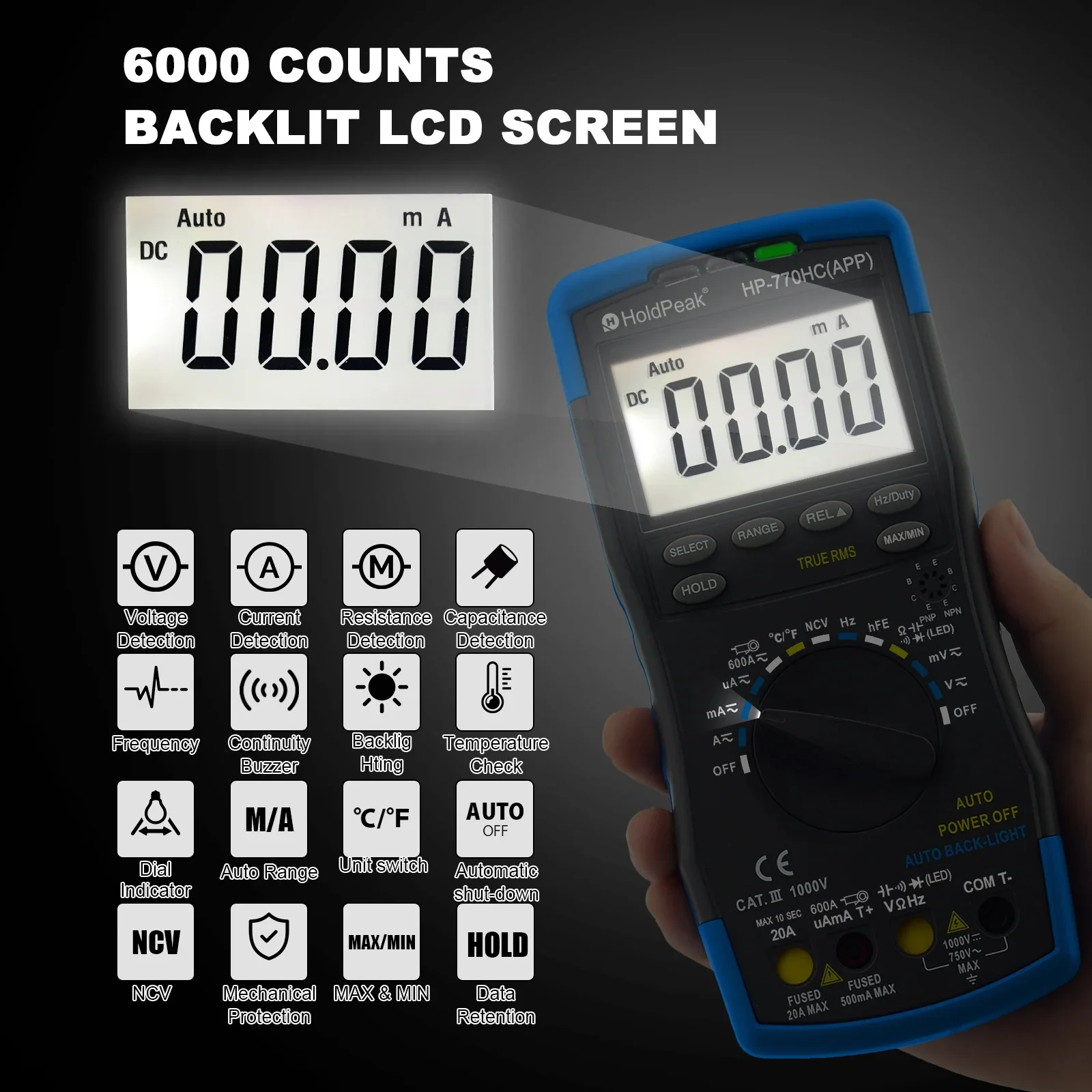 HP-770HC-APP Digital Multimeter True RMS with NCV Feature and Resistance Capicity Measure,Duty Cycle Test Bluetooth Auto Ranging