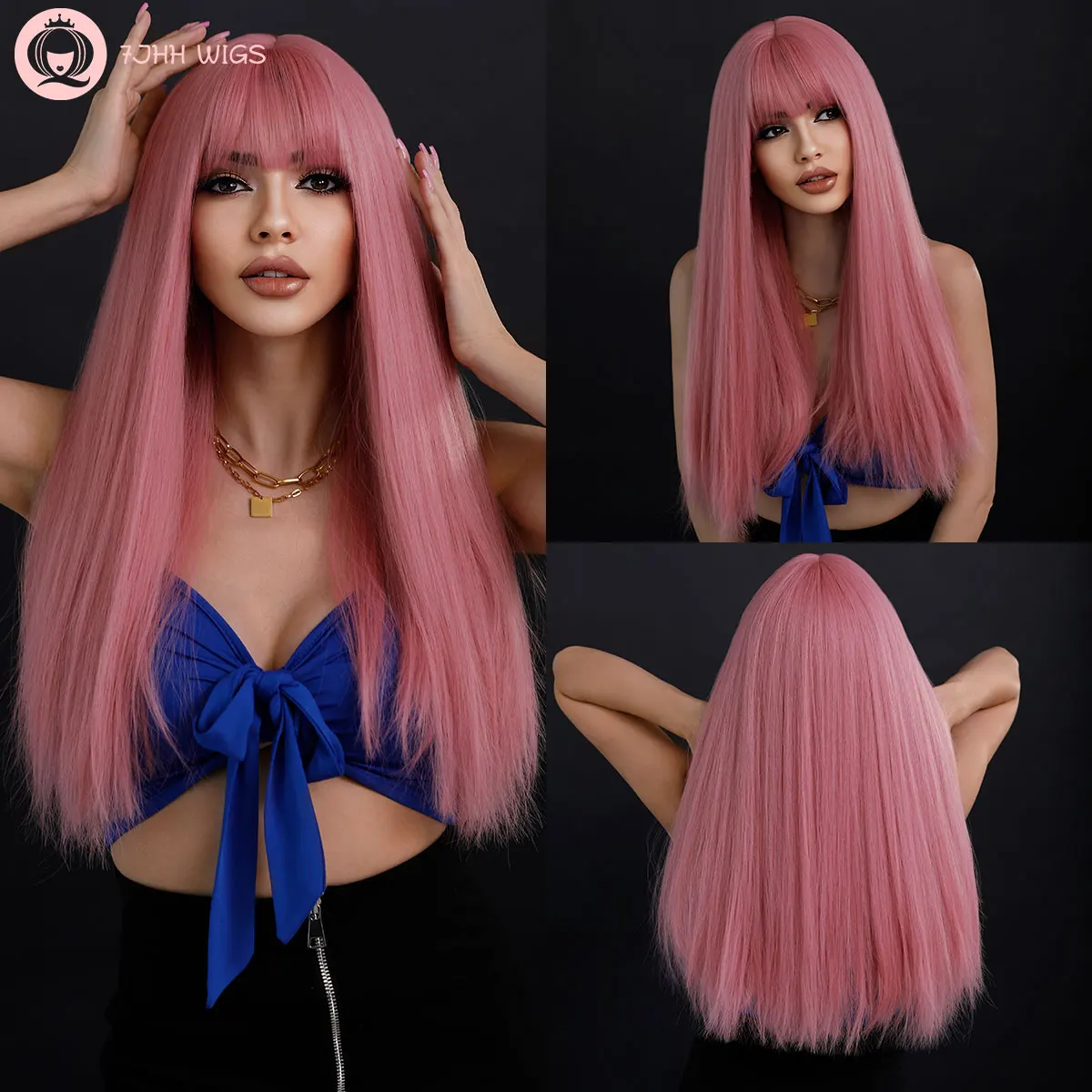 Tanie 7JHH WIGS Light Pink Wig with Bang Straight Wig for Women Synthetic