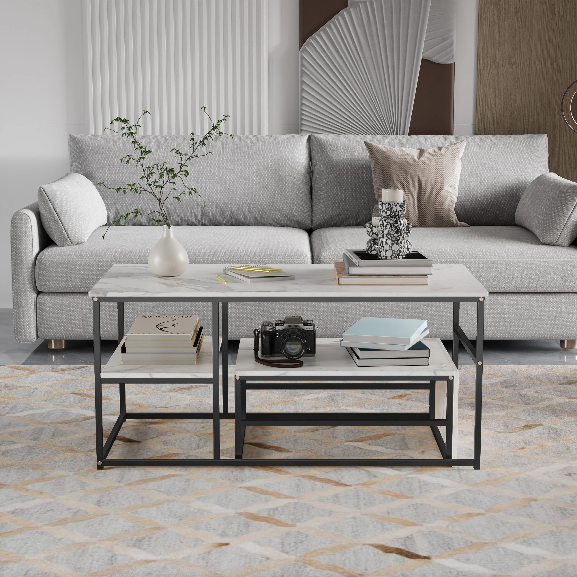 Rosahqnda 2er-Set Couchtische, Beistelltische, Marmoroptik mit Metallrahmen und Regal, Couchtisch, Wohnzimmertisch – Detail 13