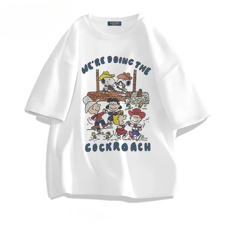 thumbnail image 1 of Camisetas de manga corta de Snoopy, camiseta estampada de algodón de Charlie Brown con dibujos animados Kawaii, camiseta informal holgada de verano para parejas, regalo, 1 of 5