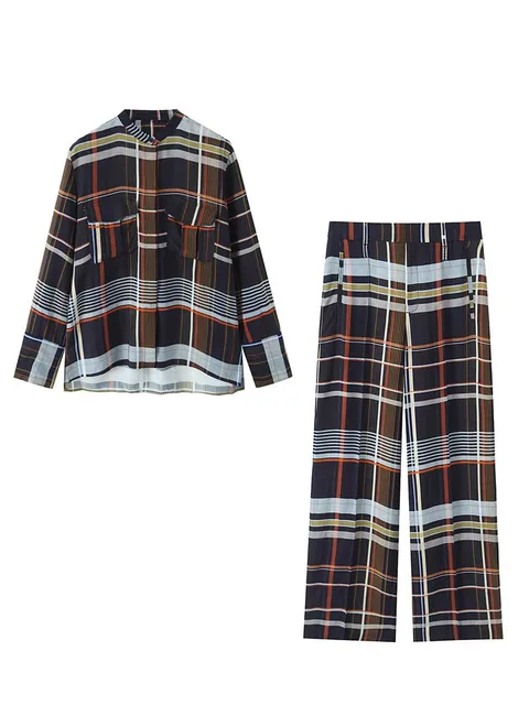 Street Fashion Plaid Shirt 2 Pieces Sets Women Long Sleeve Tops Wide Leg  Pants Set 2025 Summer Casual Woman Outfits