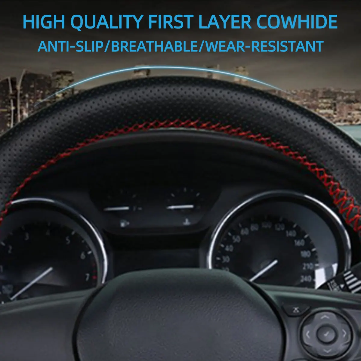 Car Steering Wheel Cover DIY Braid Anti-Slip Cowhide 37 38cm steering wheel cover