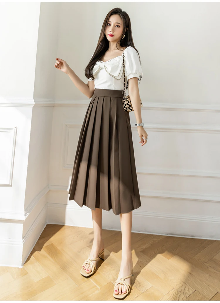 2022 Spring Summer Women's Elegant Pleated Suit Skirts High Waist Fashion Office Ladies Elastic Waist A-line Midi Skirt Vintage brown skirt