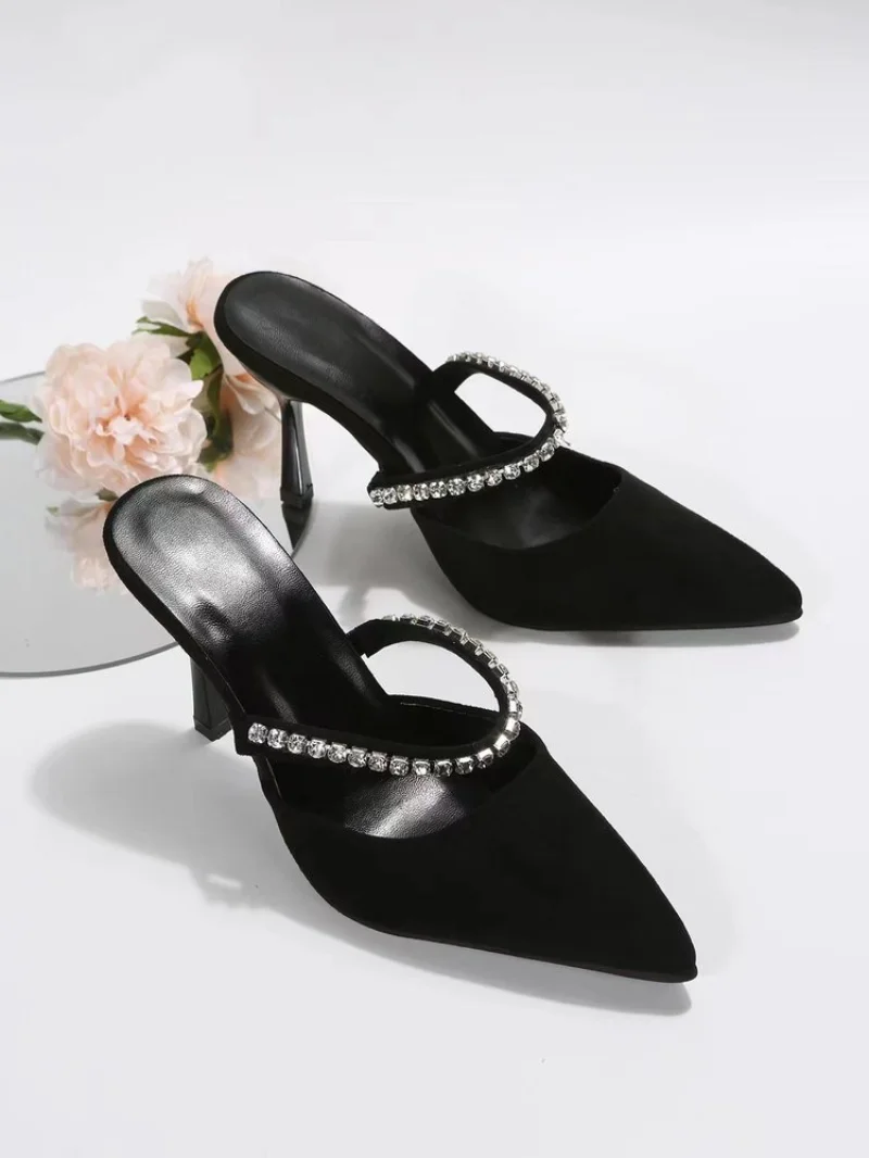 Black high-heeled shoes women's spring stiletto pointed toe pumps satin rhinestone glitter mules pumps women high heels