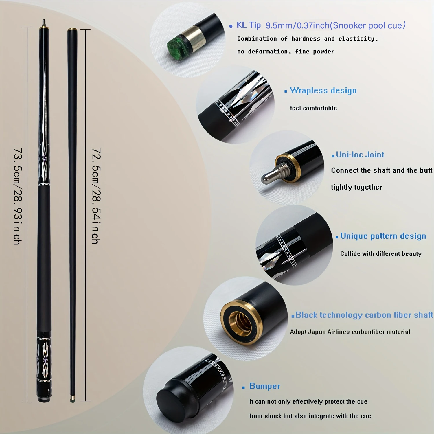 Carbon Fiber Snooker Billiard Cue 9.5mm Tip Leather Grip 19oz Weight Precision Shot Ideal Gift for Holidays