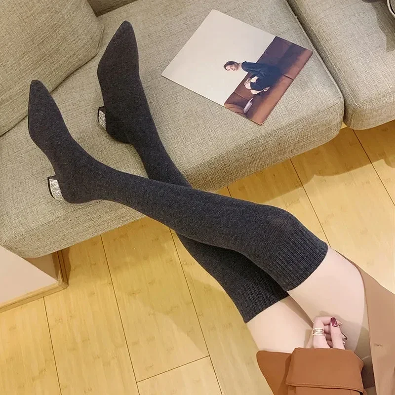 Women High Heel Boots Pointed Toe Over The Knee Sock Boots Rhinestone heel Knitting Sock Boot Elastic Slim Thigh High Boots Flat