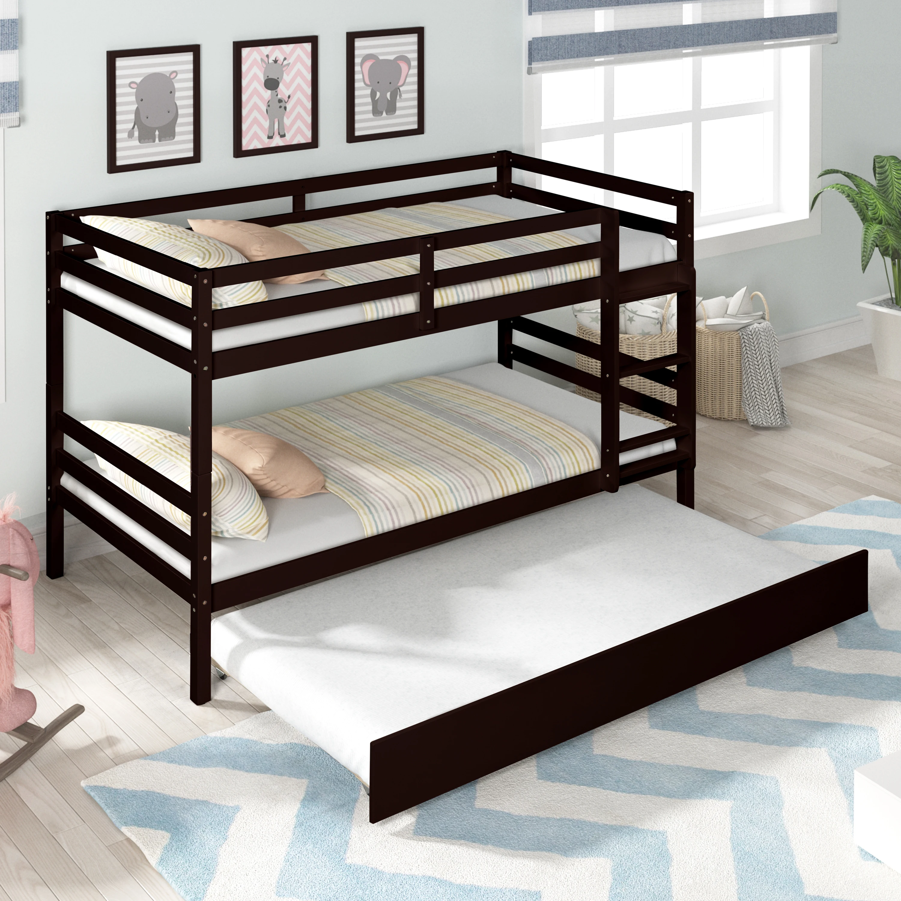 Moderna cama litera de madera, marco de cama doble sobre dos camas con  escalera y barandillas de longitud completa, se puede dividir en dos camas  para