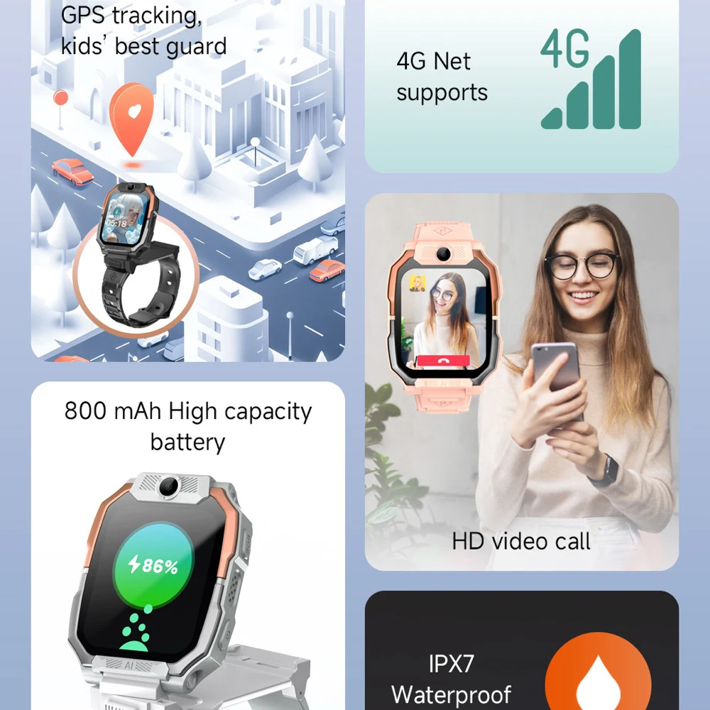 ساعة ذكية للأطفال بتقنية 4G، مقاومة للماء، مزودة بخاصية التنبيه في حالات الطوارئ (SOS)، واتصال واي فاي، وكاميرا لإجراء مكالمات الفيديو، وذاكرة بسعة 2+16 جيجابايت، ونظام تحديد المواقع العالمي (GPS)، وإمكانية تثبيت التطبيقات، مصممة خصيصًا للطلاب.