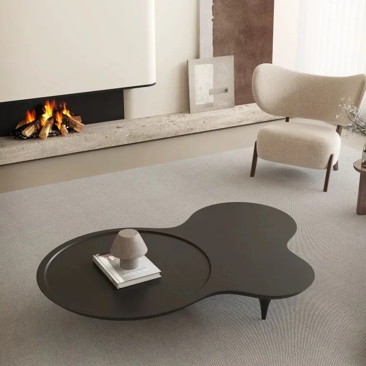 

French style retro coffee table new minimalist cloud design sense stone plate tea table cream wind Black shaped tea table