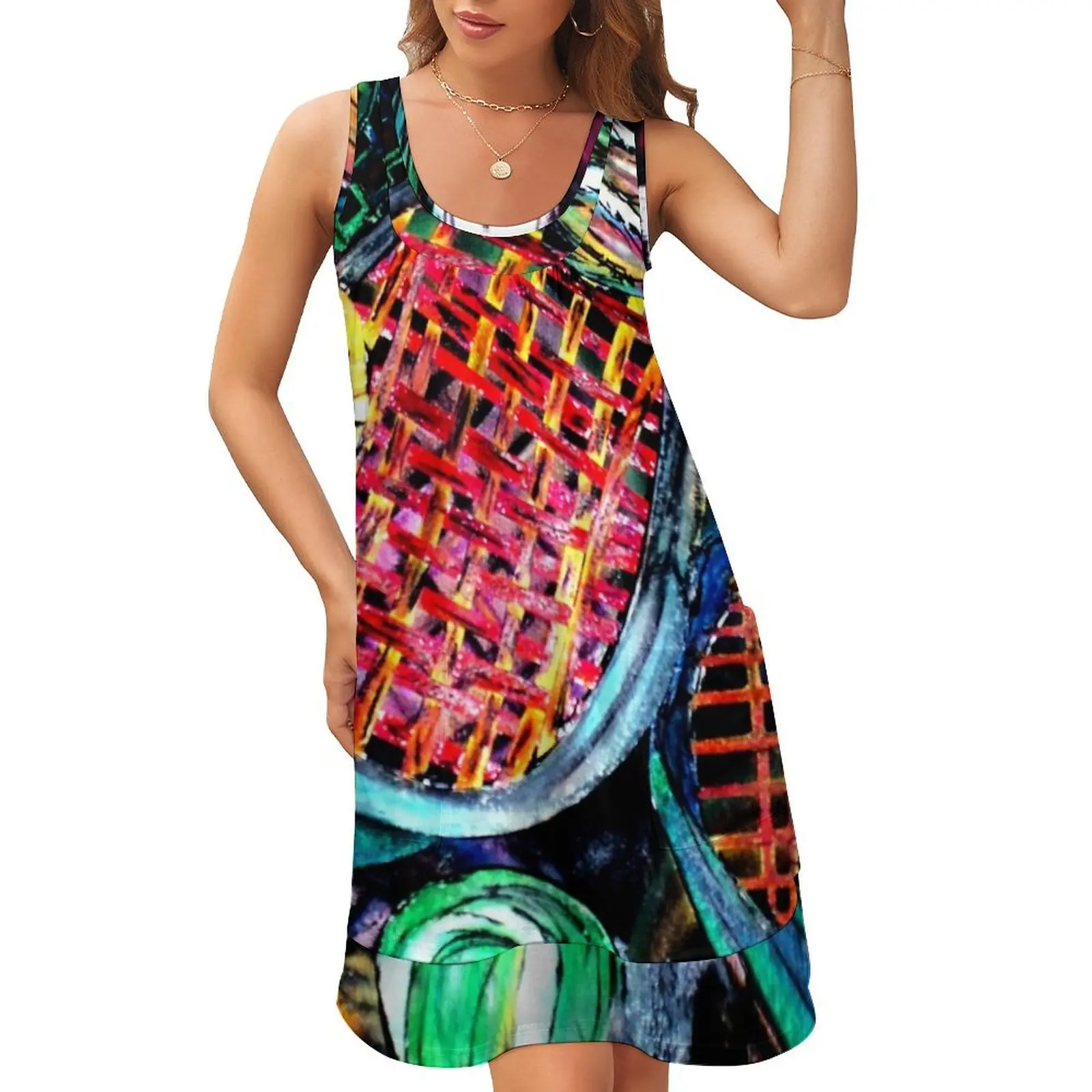 

Tennis art Sleeveless U-Neck Fake Two Piece Dress Evening dresses dresses korean style