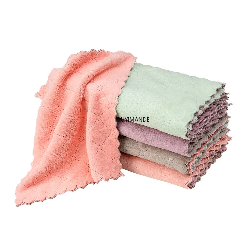 

1/5pcs Cheaper Double-layer Absorbent Double-sided Thick Coral Fleece Household Scouring Pad Dish TowelLazy Rag