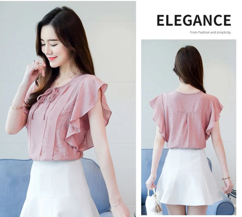 Female O-Neck Bow Lacing Hollow Out Solid Blouse Loose Oversize Flying Sleeve Patchwork Chiffon Shirt Women's Summer Clothing