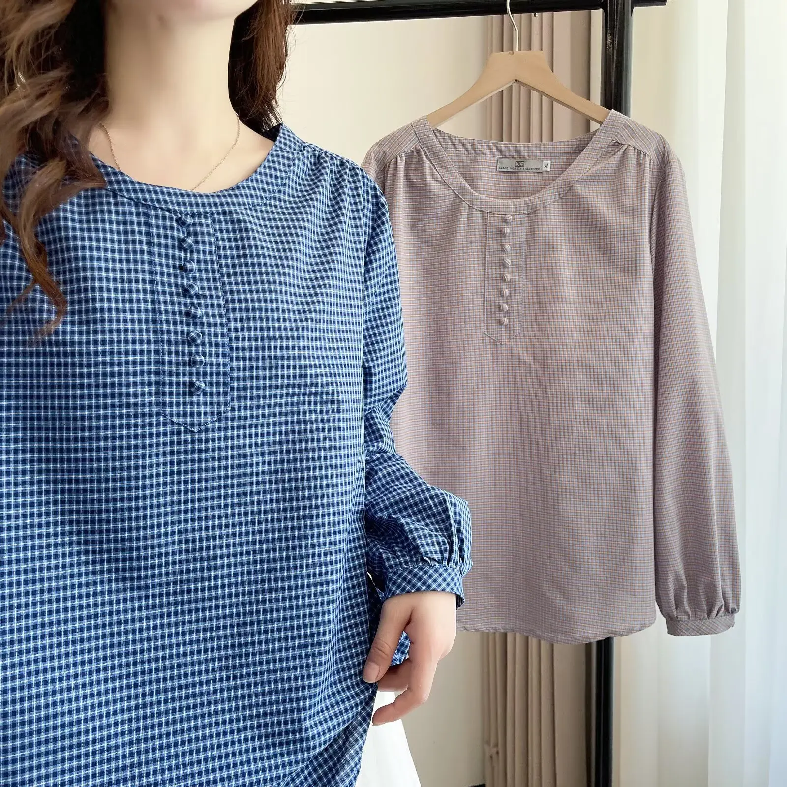 Fashion Plus Size Women's Blouses Autumn New Style British Style Long Sleeve Plaid Shirt 2585