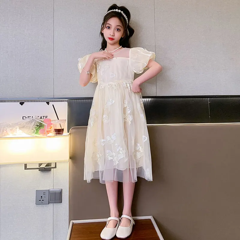 

New Summer Dress for Girl Round Collar Short Sleeve Beige Princess Dress Children Party Dress Fashion Clothing 4 6 8 10 12 Years
