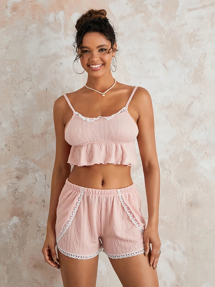 

New Fashion Women 2 Piece Pajama Set Lace Patchwork Crop Sleeveless Camisole And Elastic Shorts For Loungewear Soft Sleepwear