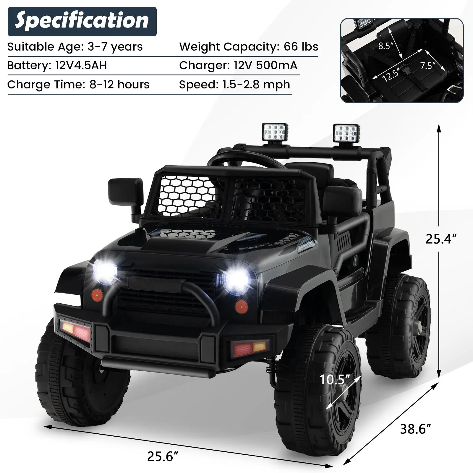 12V Kids Ride On Truck Car with Remote Control, Lights, Music - Black