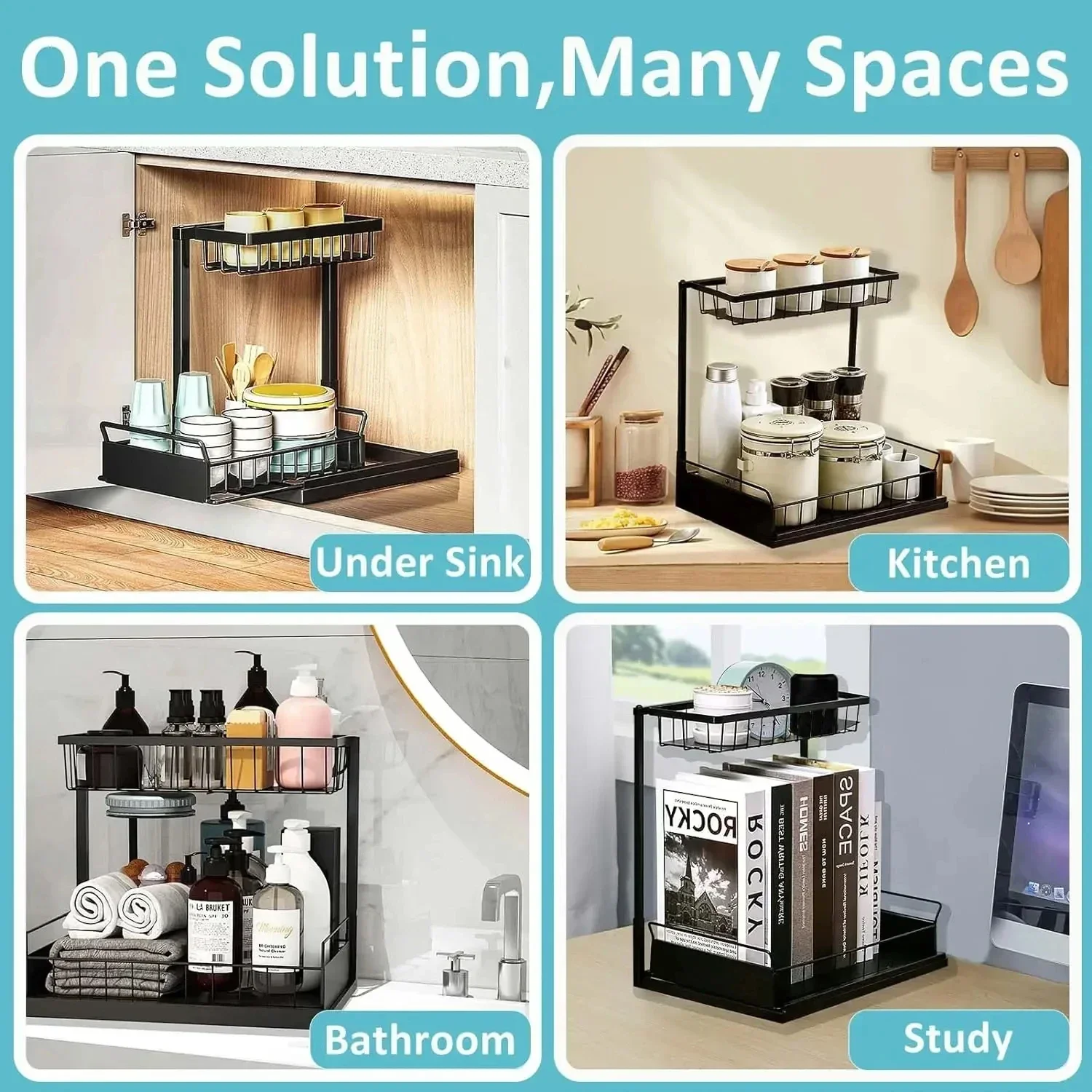 Under Sink 2 Tier Sliding Cabinet Basket Organizer Drawer Pull Out Cabinet Multi-Purpose Sink Organizer for Bathroom Kitchen