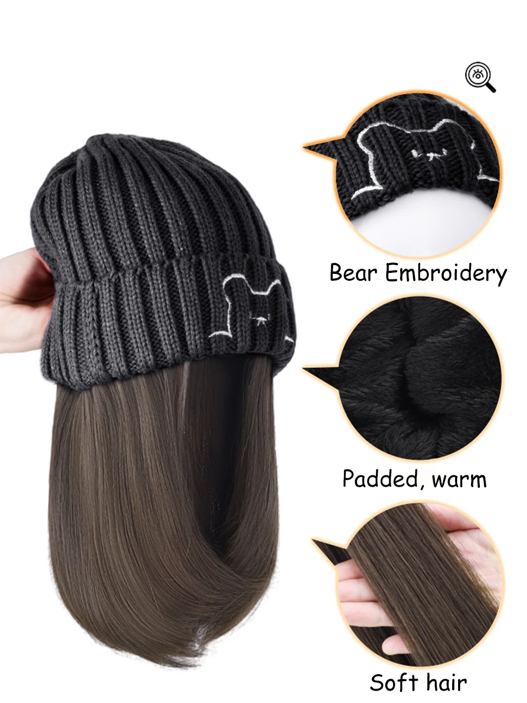 synthetic10 inch knit cap long straight hair wig blue hat/black hat hat wig baseball cap duck tongue 모자가발 Christmas