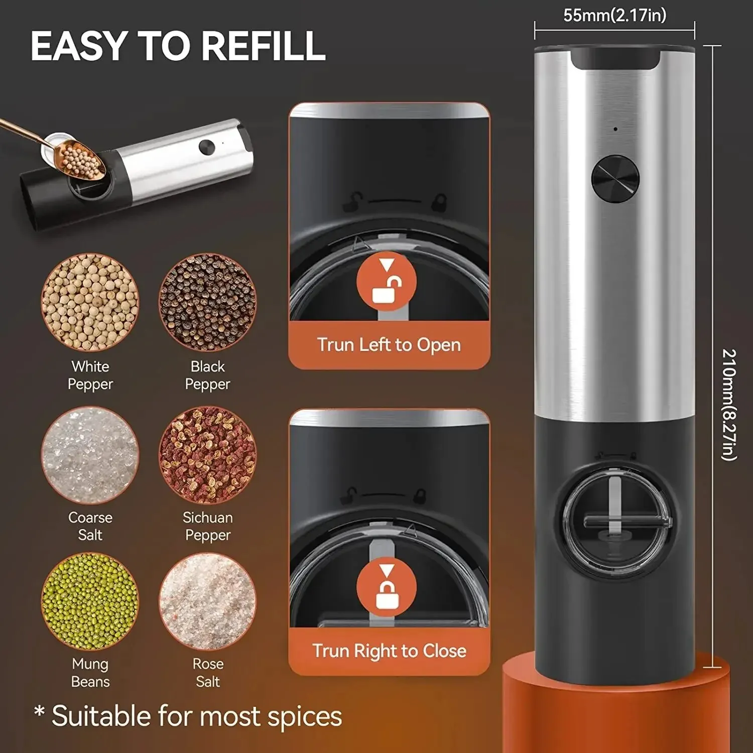 Electric Salt and Pepper Grinder Set with Charging Base LED Light Automatic Pepper Mill One Hand Operation Kitchen Appliances