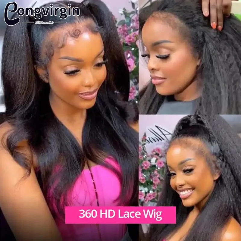 Kinky Straight Human Hair Wig 360 Full HD Lace Frontal Wigs 250% Yaki Straight Human Hair Wig 30 38 Inches High Ponytail