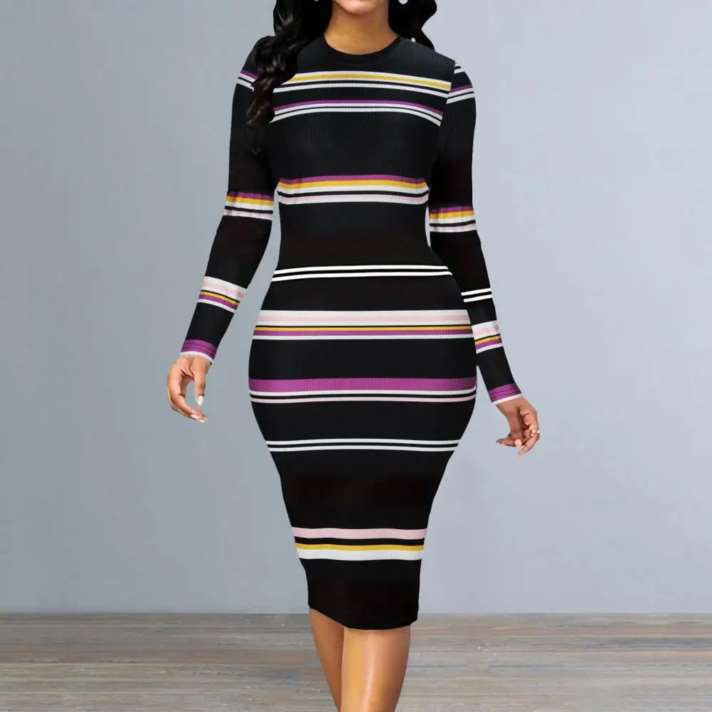 

Slim Fit Waist Design Midi Skirt Elegant Striped Midi Dress for Women Slim Fit Long Sleeve Spring Commute Style Women Tight