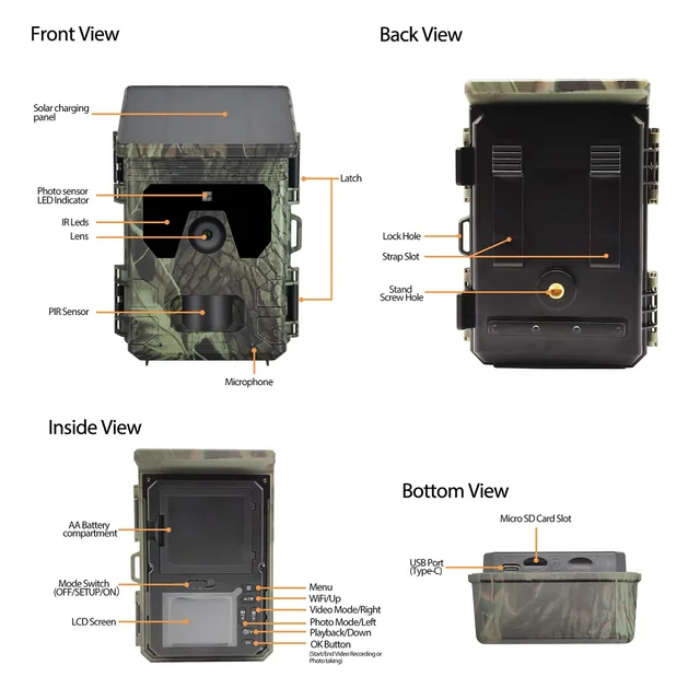 Solar Powered Night Vision Trail Camera 50MP 4K Hunting Cameras 0.3s Trigger Time Trail Camera for Wildlife Monitoring Hunting 4