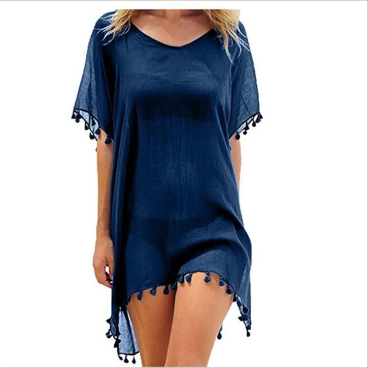 

2023 Spring Summer Women's Seaside Holiday Sunscreen Clothes Tassel Chiffon Beach Blouse Fashion Lady Thin Top Navy Shawl