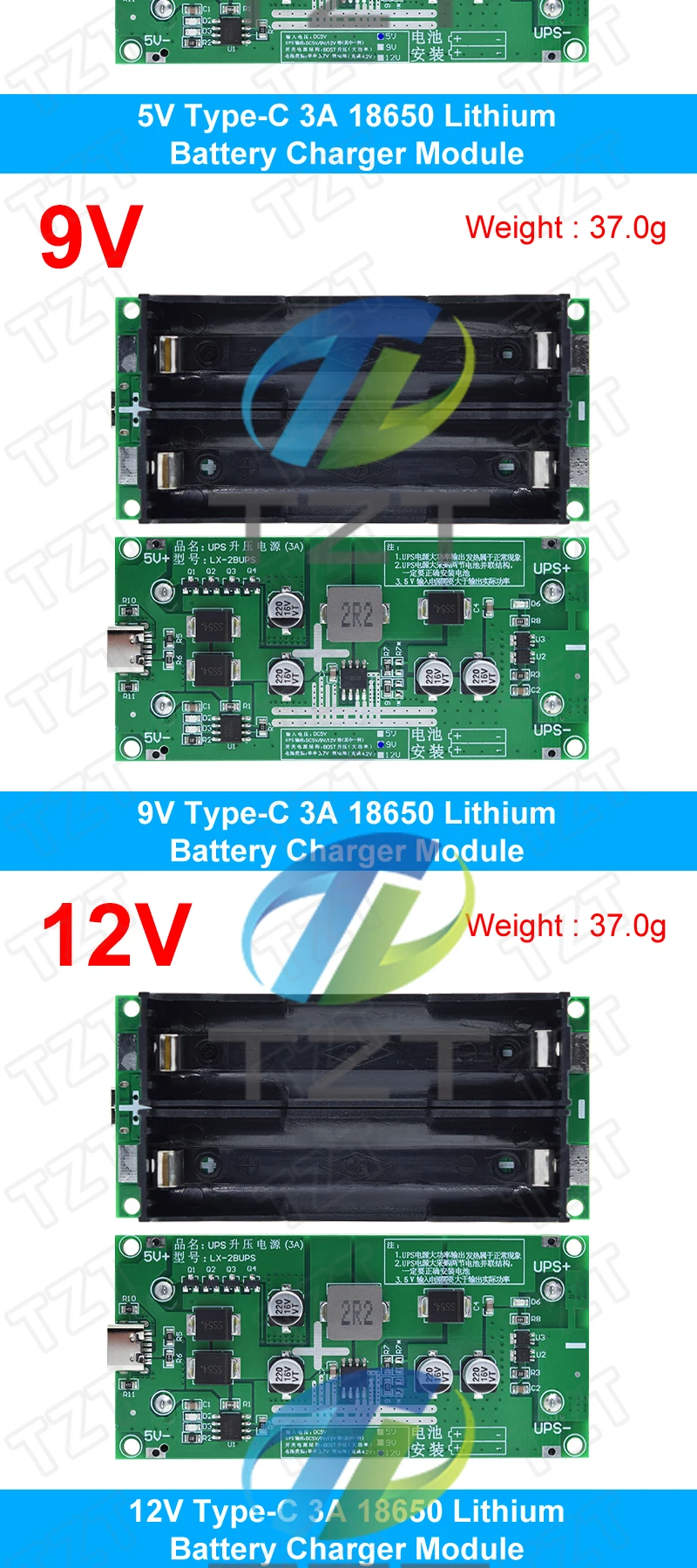 Typ-C 15 W 3 A 18650 Lithium-Batterie-Ladegerät-Modul DC-DC Step-Up-Booster Schnellladung USV-Stromversorgung/Konverter 5 V 9 V 12 V – Detail 6