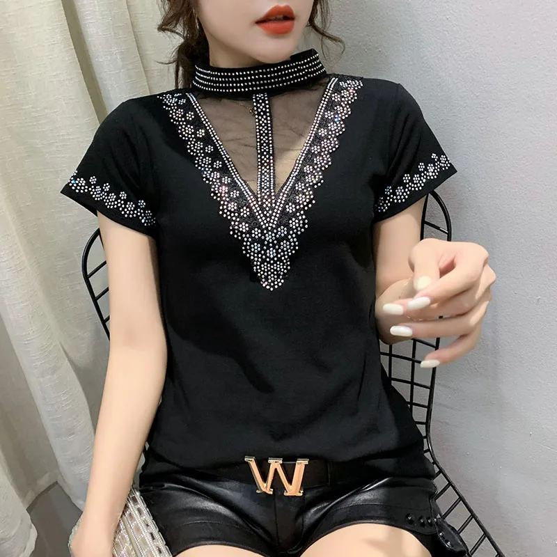 

Black Summer Cotton T-Shirt Chic Sexy Stand Collar Shiny Diamonds Patchwork Mesh Women's Tops Drilling Hot Tees 2024 New 432025