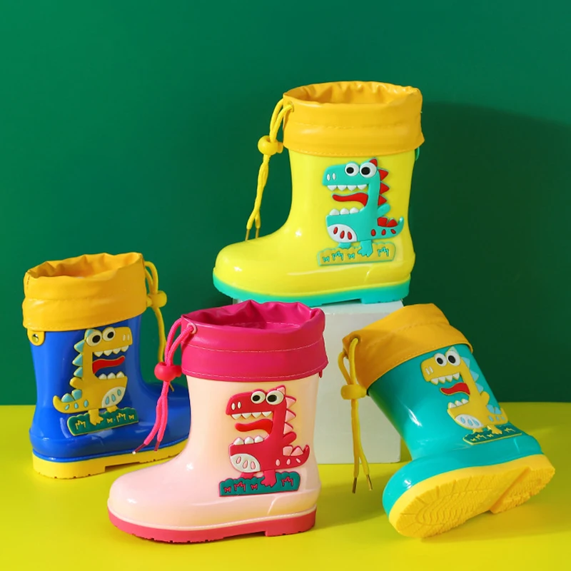 Children Boots Rain Boots Kids Girl 3D Dinosaur Boys Plush Warm Ankle Waterproof Toddler Water